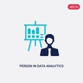 Two color person in data analytics presentation with a graphic on a screen vector icon from business concept. isolated blue person