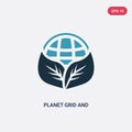Two color planet grid and a leaf vector icon from signs concept. isolated blue planet grid and a leaf vector sign symbol can be