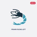 Two color prawn facing left vector icon from nautical concept. isolated blue prawn facing left vector sign symbol can be use for