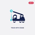 Two color truck with crane vector icon from construction concept. isolated blue truck with crane vector sign symbol can be use for