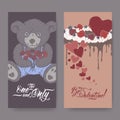 Two color Valentine romantic banners with teddy bear, cake decorated with hearts and brush lettering.