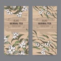 Two color vintage labels for jasmine and eucalyptus herbal tea.