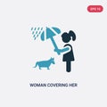 Two color woman covering her pet with an umbrella vector icon from people concept. isolated blue woman covering her pet with an Royalty Free Stock Photo