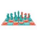Two colored chess pieces and checkers in starting position on white background Royalty Free Stock Photo