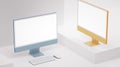 Two colored computer monitors on white with mockup blank screen for app, ui ux and web presentation. 3D rendering