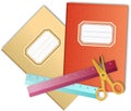 Two colored school notebooks with scissors and rulers