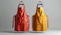 Two Colorful Aprons Hanging Against Gray Background Royalty Free Stock Photo