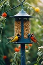 Colorful Birds Feeding on Bird Feeder in Garden Royalty Free Stock Photo