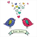 Two colorful birds, hand-drawn with hearts and notes Royalty Free Stock Photo