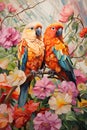 two colorful birds perched on a branch of a tree with bright flowers Royalty Free Stock Photo