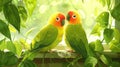 Affectionate Lovebirds Perched on Windowsill Amidst Lush Greenery Royalty Free Stock Photo