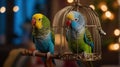 Two Beautiful Parrotlets Perched Together with One in a Decorative Cage Royalty Free Stock Photo