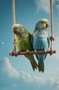 Adorable Budgie Pair on a Swing Against a Sky Background Royalty Free Stock Photo
