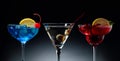 Two colorful cocktails and dry martini with green olives Royalty Free Stock Photo