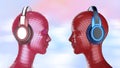 Two colorful disco girl-robot heads with shining eyes in big headphones facing each other,