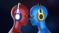 Two colorful disco girl-robot heads with shining eyes in big headphones facing each other,