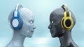 Two colorful disco girl-robot heads with shining eyes in big headphones facing each other,