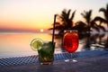 Two colorful drink at the pool-side in Spain. Royalty Free Stock Photo