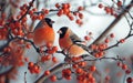 Two colorful Eurasian bullfinch amid vibrant red berries, showcasing nature's beauty in a serene winter setting. Royalty Free Stock Photo