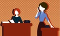 Two cartoon faceless woman in the vintage office