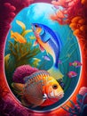 Blue and Orange Fish in the Ocean Framed by Underwater Plants