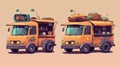 Two colorful food trucks with vibrant designs and various food items Royalty Free Stock Photo