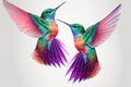 two colorful hummingbirds flying next to each other on a white background with a white background behind them and a wh