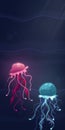 Two colorful jellyfish in the dark water. Blue and pink jellyfish illustration Royalty Free Stock Photo