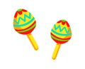 Two colorful maracas with striped and zigzag patterns. Brightly colored musical instruments, traditional Latin American