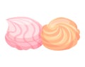 Two colorful meringues, one pink and one orange, sweet dessert illustration. French pastry, whipped egg whites and sugar