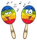 Two Colorful Mexican Maracas Cartoon Mascot Characters Singing.