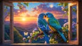 Romantic Parrots at Sunset Window, Mountain View Royalty Free Stock Photo