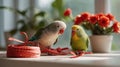 Two Adorable Pastel Parrotlets Perched Near a Window with Red Twine and Flowers Royalty Free Stock Photo