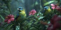 Two Colorful Parrots Perched on Tropical Foliage in the Rain Royalty Free Stock Photo