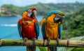 Two colorful parrots sitting on branch. A two parrots sitting on bamboo sticks Royalty Free Stock Photo