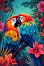 Two colorful parrots sitting on a branch with flowers. Generative AI image. Royalty Free Stock Photo