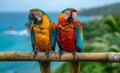 Two colorful parrots sitting on branch in the jungle Royalty Free Stock Photo