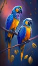 two colorful parrots sitting on a branch with leaves in the background. generative ai Royalty Free Stock Photo