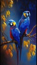 two colorful parrots sitting on a tree branch with leaves. generative ai Royalty Free Stock Photo