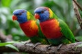 Two Colorful Rainbow Lorikeets Perched on a Branch Royalty Free Stock Photo