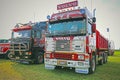 Two Colorful Retro Volvo F16 Show Trucks