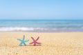 Two colorful starfish, star on sand beach with sea water background. Couple vacation concept. Royalty Free Stock Photo