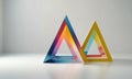 Two colorful triangles are standing on a white surface.