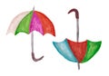 Two colorful watercolor umbrellas, isolated on white background