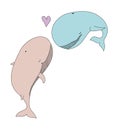 Two colorful whales in love on white background.