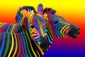 Two colorful zebra painted in the colors of the rainbow, cuddling on a colorful bright background Royalty Free Stock Photo