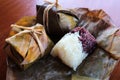 Two colour Sticky rice wrapped with banana leaf