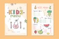 Two colourful cards, template for children menu. Hand drawn fruits, vegetables with funny faces. Name of dishes and prices. Baby