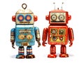 Two Colourful Surreal Retro Tin Robots on a white background