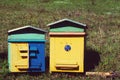 Two colourful wooden beehives Royalty Free Stock Photo